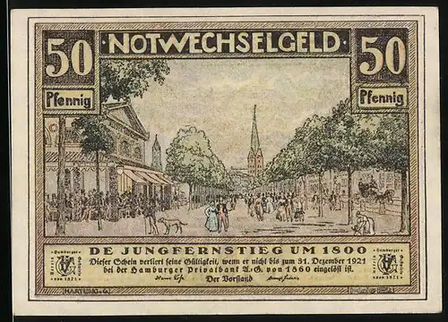 Notgeld Hamburg 1921, 50 Pfennig, Jungfernstieg um 1800, Hamburger Bürgerwehr um 1860