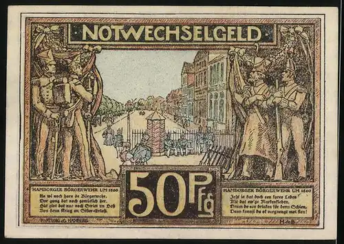 Notgeld Hamburg 1921, 50 Pfennig, Jungfernstieg um 1800, Hamburger Bürgerwehr um 1860