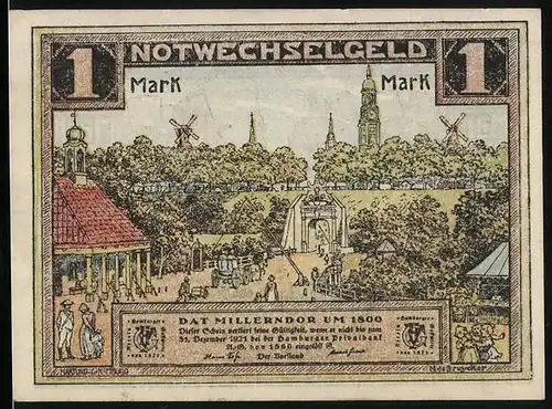 Notgeld Hamburg 1921, 1 Mark, Millerntor um 1800, Hamburgs Originale