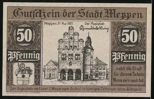 Notgeld Meppen 1921, 50 Pfennig, Wappen, Schiessplatz Friedrich Krupp AG