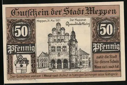 Notgeld Meppen 1921, 50 Pfennig, Schiessplatz Fried. Krupp AG
