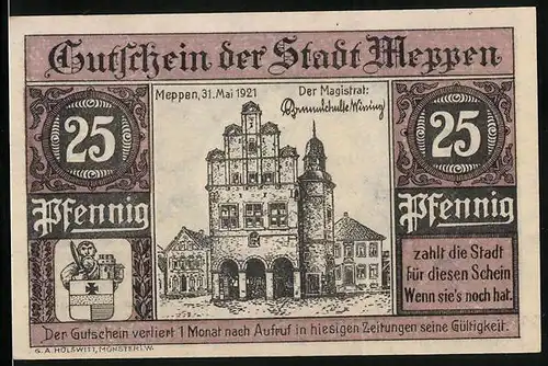 Notgeld Meppen 1921, 25 Pfennig, Ältestes Damensiegel Deutschlands