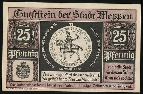 Notgeld Meppen 1921, 25 Pfennig, Ältestes Damensiegel Deutschlands