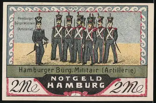 Notgeld Hamburg 1921, 2 Mark, Säulengang am Wasser mit Rathaus, Artillerie der Bürgerwehr