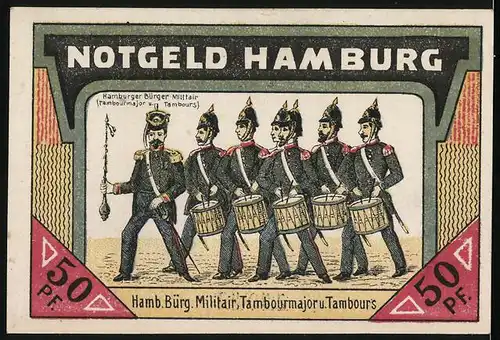 Notgeld Hamburg 1921, 50 Pfennig, Lombardsbrücke und Alster, Tambourmajor u. Tambours der Bürgerwehr