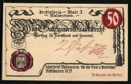 Notgeld Mühlhausen / Thür. 1921, 50 Pfennig, Eule im Archiv, Schutzbrief Wallensteins für die Stadt Mühlhausen 1625