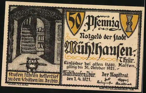 Notgeld Mühlhausen / Thür. 1921, 50 Pfennig, Eule im Archiv, Schutzbrief Wallensteins für die Stadt Mühlhausen 1625