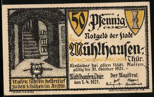 Notgeld Mühlhausen / Thür. 1921, 50 Pfennig, Eule im Archiv, Karl V. schenkt Mühlhausen die Reichsfreiheit wieder, 1548