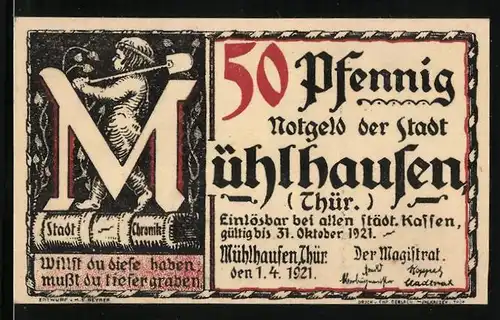 Notgeld Mühlhausen / Thür. 1921, 50 Pfennig, Eigenhändiges Schreiben Luthers an den Rat der Stadt Mühlhausen 1526