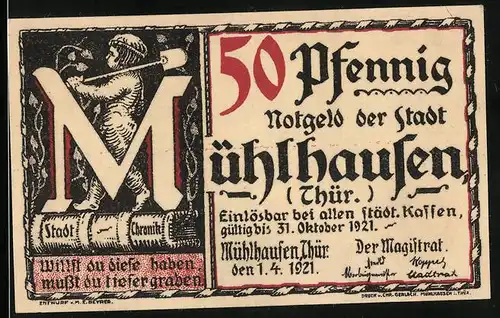 Notgeld Mühlhausen / Thür. 1921, 50 Pfennig, Bachs eigenhändiges Gesuch der Entlassung