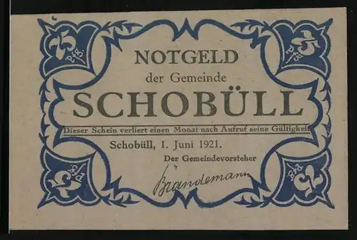 Notgeld Schobüll / Nordfriesland 1921, 75 Pfennig, Ortsansicht über Felder