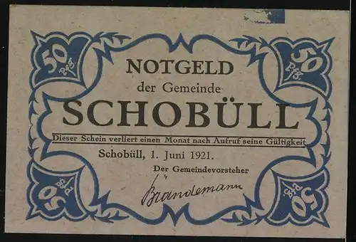 Notgeld Schobüll / Nordfriesland 1921, 50 Pfennig, Weidende Kühe am Bauernhof