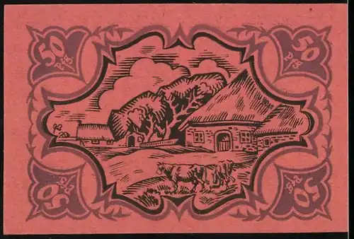 Notgeld Schobüll / Nordfriesland 1921, 50 Pfennig, Bauernhof mit weidenden Kühen