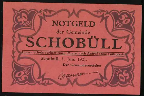 Notgeld Schobüll / Nordfriesland 1921, 50 Pfennig, Bauernhof mit weidenden Kühen