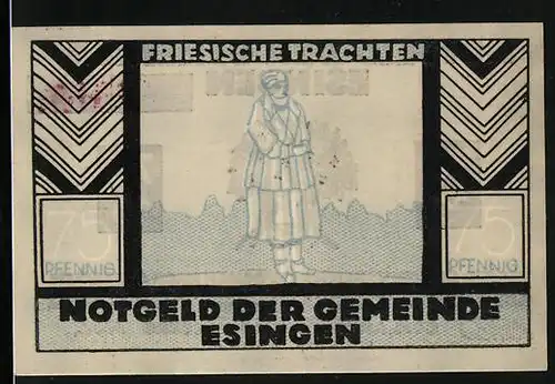 Notgeld Esingen / Tornesch, 75 Pfennig, Friesische Trachten, Frau im Kleid mit Jacke