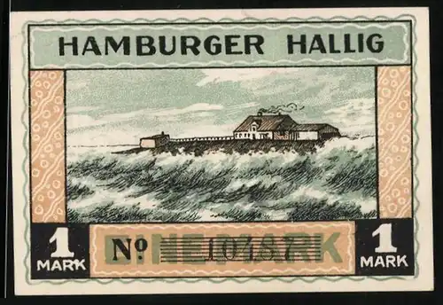 Notgeld Hamburger Hallig 1921, 1 Mark, Gutshof über windgepeitschtes Meer, Bauernhof