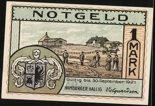 Notgeld Hamburger Hallig 1921, 1 Mark, Gutshof über windgepeitschtes Meer, Bauernhof