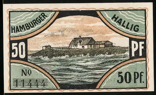 Notgeld Hamburger Hallig 1921, 50 Pfennig, Gutshof am welligen Meer, Schäfer mit Herde