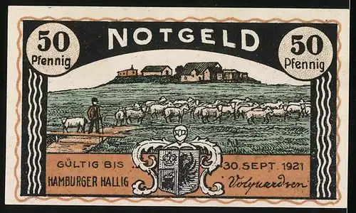 Notgeld Hamburger Hallig 1921, 50 Pfennig, Gutshof am welligen Meer, Schäfer mit Herde