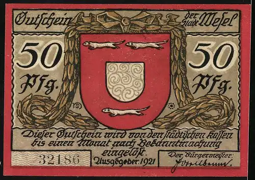 Notgeld Wesel 1921, 50 Pfennig, Preussisches Kriegerdenkmal