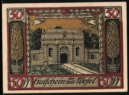 Notgeld Wesel 1921, 50 Pfennig, Zitadelltor mit Schill-Kasematte