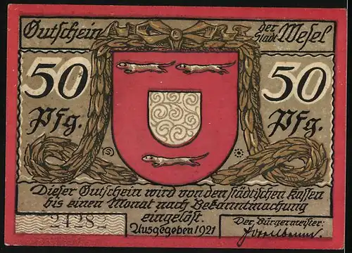 Notgeld Wesel 1921, 50 Pfennig, Zitadelltor mit Schill-Kasematte