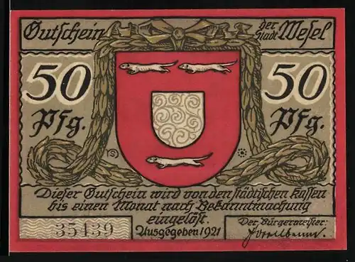 Notgeld Wesel 1921, 50 Pfennig, Hauptwache mit Eingang zur Schillkasematte