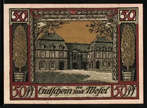 Notgeld Wesel 1921, 50 Pfennig, Hauptwache mit Eingang zur Schillkasematte