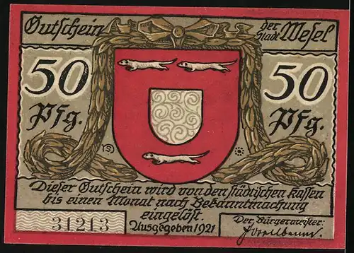 Notgeld Wesel 1921, 50 Pfennig, Hauptwache mit Eingang zur Schillkasematte