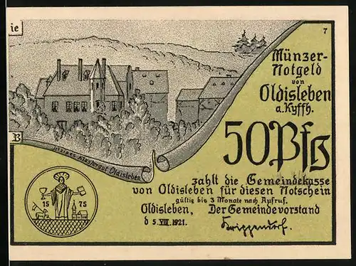 Notgeld Oldisleben a. Kyffh. 1921, 50 Pfennig, Klostergut, Thomas Müncers Gefangennahme