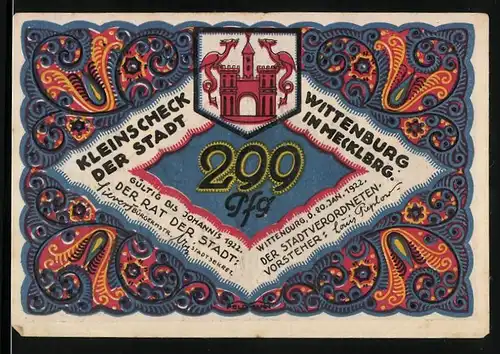 Notgeld Wittenburg in Mecklbrg. 1922, 299 Pfennig, Fritz Reuter in Läuschen un Rimels