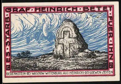 Notgeld Wittenburg in Mecklbrg. 1922, 199 Pfennig, Gedenkstein bei Waschow aus Zeiten Heinrichs des Loewen