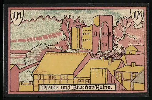 Notgeld Plathe (Pom.), 1 Mark, Ortsansicht mit Blücher-Ruine