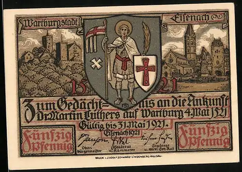 Notgeld Eisenach 1921, 50 Pfennig, Luthers Ankunft auf der Wartburg