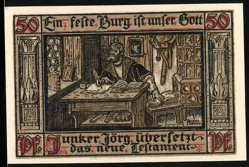 Notgeld Eisenach / Thür. 1921, 50 Pfennig, Junker Jörg übersetzt das Neue Testament