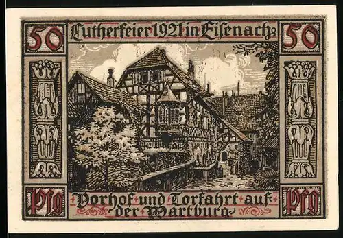 Notgeld Eisenach 1921, 50 Pfennig, Vorhof und Torfahrt auf der Wartburg