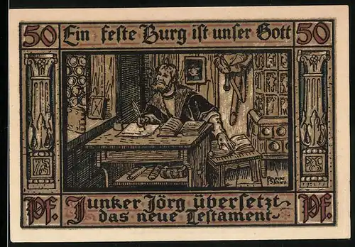 Notgeld Eisenach / Thür. 1921, 50 Pfennig, Junker Jörg übersetzt das Neue Testament
