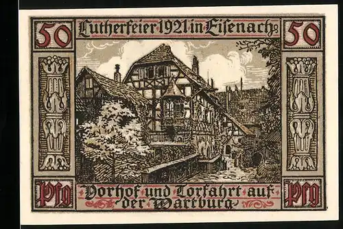 Notgeld Eisenach 1921, 50 Pfennig, Vorhof und Torfahrt auf der Wartburg