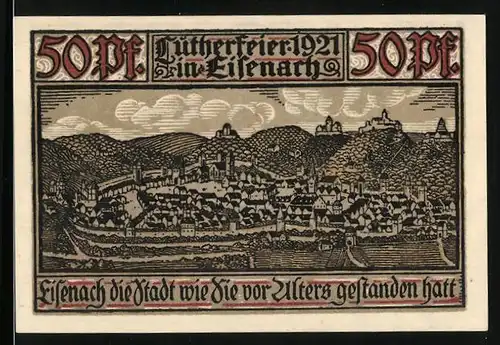Notgeld Eisenach / Thür. 1921, 50 Pfennig, die Stadt, wie sie vor Alters gestanden hat