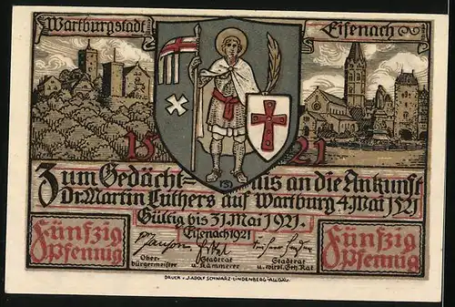 Notgeld Eisenach / Thür. 1921, 50 Pfennig, die Stadt, wie sie vor Alters gestanden hat
