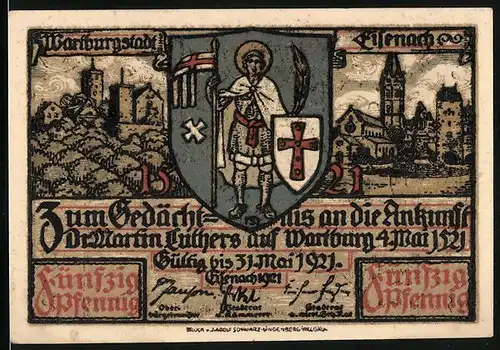 Notgeld Eisenach 1921, 50 Pfennig, Luthers Ankunft auf der Wartburg