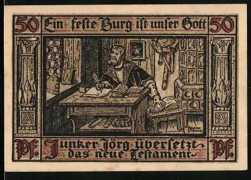Notgeld Eisenach / Thür. 1921, 50 Pfennig, Junker Jörg übersetzt das neue Testament