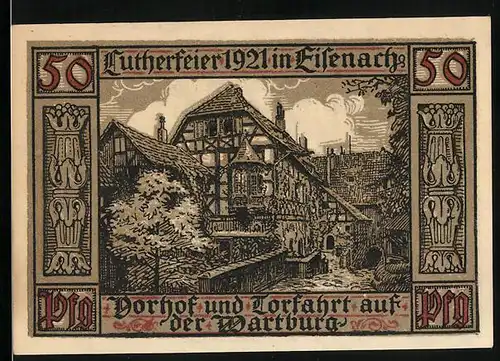 Notgeld Eisenach 1921, 50 Pfennig, Vorhof und Torfahrt auf der Wartburg