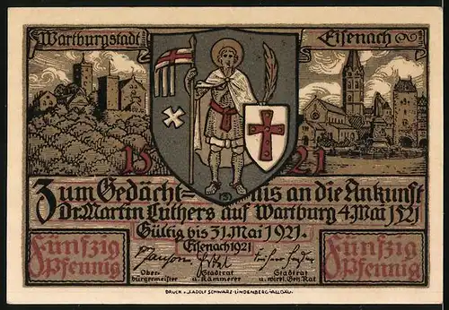 Notgeld Eisenach / Thür. 1921, 50 Pfennig, Die Stadt, wie sie vor Alters gestanden hat