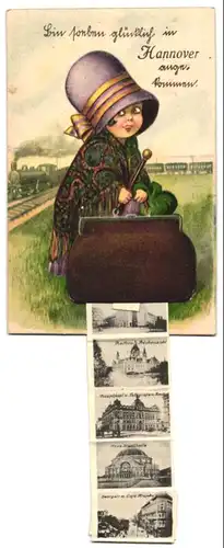 Leporello-AK Hannover, Ansichten hinter der Tasche, Ernst-August-Platz mit Bahnhof, Justizpalast, Provizial-Museum