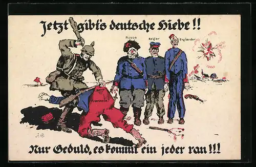 Künstler-AK Deutscher Soldat versohlt Franzosen den Hintern, Russe, Belgier und Engländer schlottern die Knie