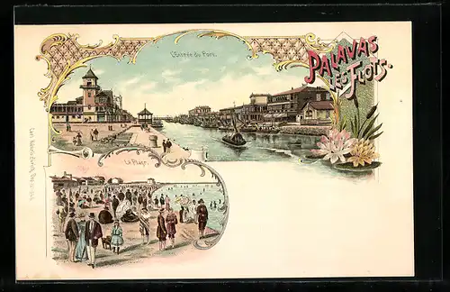 Lithographie Palavas-les-Flots, L`Entrée du Port, La Plage