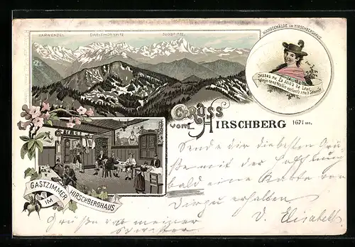 Vorläufer-Lithographie Hirschberghaus, 1895, Gastzimmer, Blick auf Karwendel, Dreithorspitz und Zugspitze