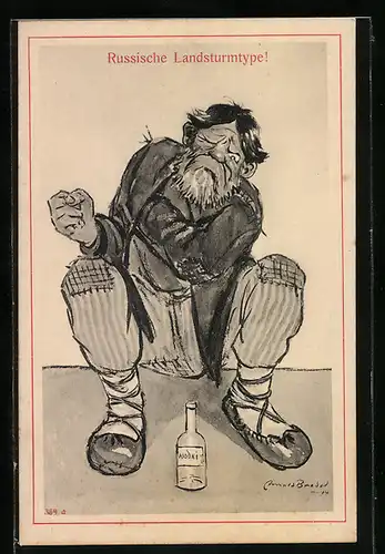 Künstler-AK Russischer Landsturm Soldat mit zerrissenen Klamotten und einer Wodkaflasche, Propaganda 1. Weltkrieg
