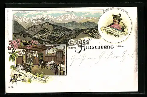 Lithographie Kreuth / Wildbad, Hirschberghaus, Gastzimmer mit Gästen, Bergpanorama, Trachtenmädchen